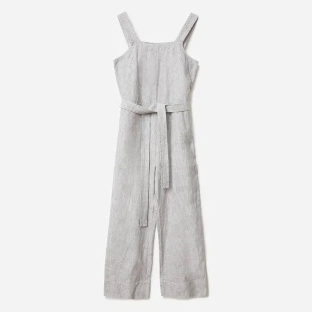 Everlane Jumpsuit Women 2 Gray Striped Linen Sleeveless Belted Wide Leg - Picture 2 of 16